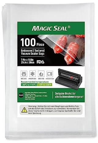 MAGIC SEAL vakuumbeutel 20x30cm Vakuumierbeutel lebensmittel strukturbeutel zum vakuumieren, extra stark 190µm, PA+PE, BPA Frei, Reißfest (100 Beutel)