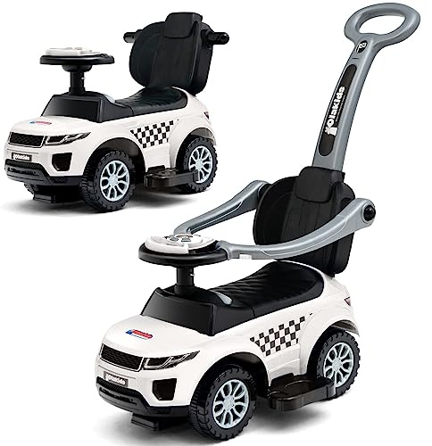 OLAKIDS 4 in 1 Ride on Push Car, Toddlers Stroller Sliding Walking Toy with Horn, Music, Lights, Removable Guardrails Handle, Underneath Storage, Foot-to-Floor Walker for Boys Girls (Ivory White)