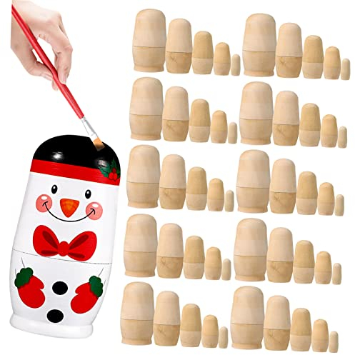 Warmhm 10 Sets Weihnachten Matryoshka Wooden Dolls for Children Wooden Decoration Matryoshka Doll Made of Wood Unfinished Stacking Dolls Blank Nesting Dolls Empty Russian Doll for Children Russian