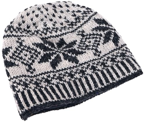 GURU SHOP Wollmütze aus Nepal, Handgestrickte Mütze, Strickmütze, Wintermütze mit Norwegermuster - Schwarz/weiß, Herren/Damen