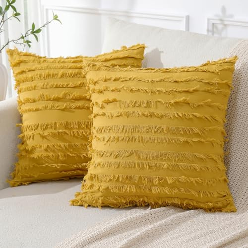 JOTOM Dekorative Kissenbezug mit Tassel Boho Fransen Dekokissen Bezug Weich Kissenbezüge Quaste Dekor Kissenhülle für Sofa Schlafzimmer Wohnzimmer 2er Set (40 x 40 cm, Gelb)