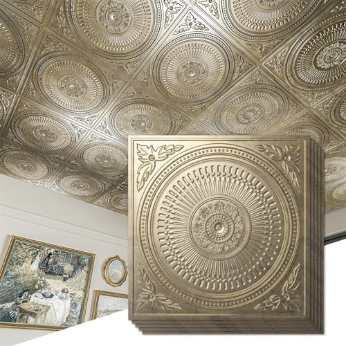 Art3d Lot de 12 dalles de plafond décoratives en PVC faciles à installer pour intérieur, cuisine, salle de bain, sous-sol, 61 x 61 cm, or antique