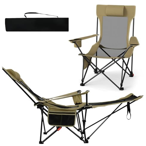 SPOTRAVEL Folding Camping Chair, Portable Reclining Camp Chair (Khaki) | with Detachable Footrest, Adjustable Backrest, Headrest & Carry Bag, Outdoor Recliner Chair for Adults Hiking Fishing Picnic