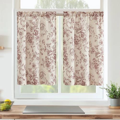 Vangao Blumen Scheibengardinen Kurz Küchengardinen Leinen Vorhang Bistrogardine für Küche Wohnzimmer Badezimmer Kleine Fenster landhausstil Halbtransparent,2er Set 65Bx90H(cm),Rot auf Beige