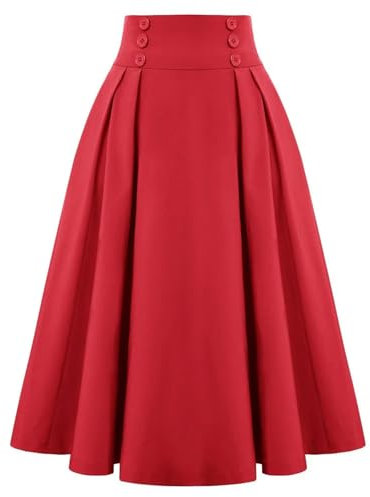 Jupe mi-Longue à Carreaux pour Femmes, Jupe plissée Taille Haute avec Poches, Jupe trapèze évasée élégante à Taille Extensible-Rouge-XL