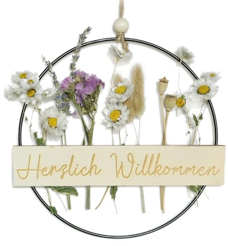 Trockenblumenkranz Türkranz Herzlich Willkommen Türkranz Trockenblumen - Schild Kranz Holz Metall 22cm Gravur Ring Türschild - Herzlich Willkommen