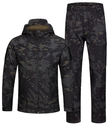 QIYUANT Kinder Outdoor Taktische Bekleidung Camo Softshell Jacke & Hose Sets Fleece Gefüttert Airsoft Militär Camouflage Winter Kampf Jagd Wandern Camping (Schwarz CP/Jacke + Hose, 160)