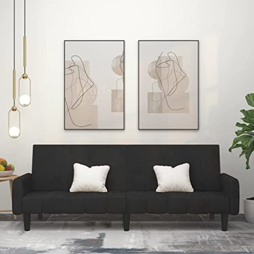 KOIECETA Schlafsofa 2-Sitzer Sofa mit Holzrahmen Schlafcouch für Wohnzimmer Heimkino Büro Couch Sofabett Tagesbett Gästebett Samt (Schwarz, Mit Armlehnen)
