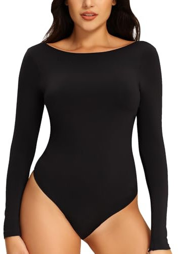 Nimiah Stretchy Seamless Buttery Soft Black Long Sleeve Crew Neck Thong Bodysuit