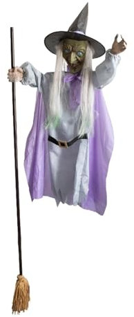 Hexendekor - Halloween Hexe | Hexenbesen | Halloween animierte Dekorationen | Outdoor Gruselige fliegende Schwebehexe | Animatronics Halloween Requisiten | Hexenbesen Spukhaus Requisiten für Garten