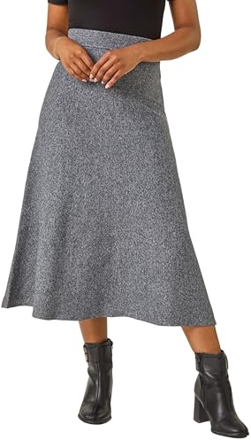 Roman Originals Knitted Skirt for Women UK Ladies Midi Maxi Full Length Winter Autumn A-Line Swing Pull On Smart Casual Work Office Elasticated Waist Flattering Knit Knitwear - Petite Grey - Size 14
