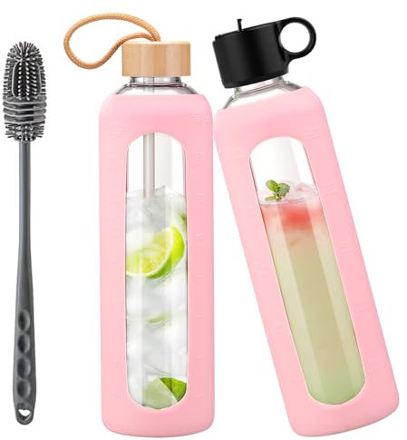 HYDRAGLAZIC 950ml Gourde en Verre Avec Paille et 2 Couvercle, Bouteille d'eau Motivation Graduée Pour 1 Journee Avec Marqueur de Temps Housse en Silicone, Sport Gourde Reutilisable,Rose