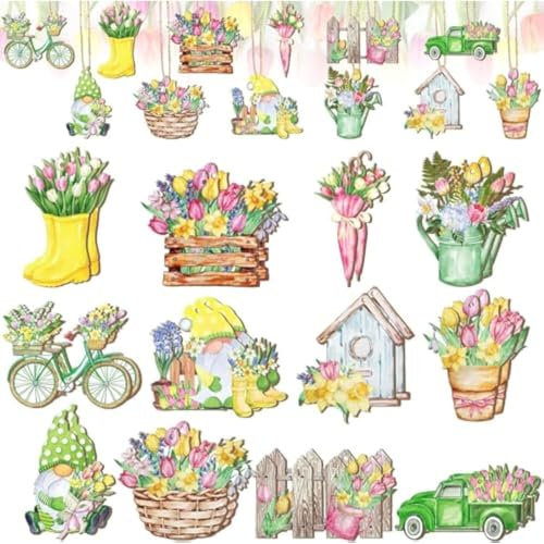 24Pcs Spring Hanging Ornaments Wooden Decorations Cute Sunflower Tulip Wood Cutouts Easter Decor for Small Tree Home Party (Yellow-24pcs)