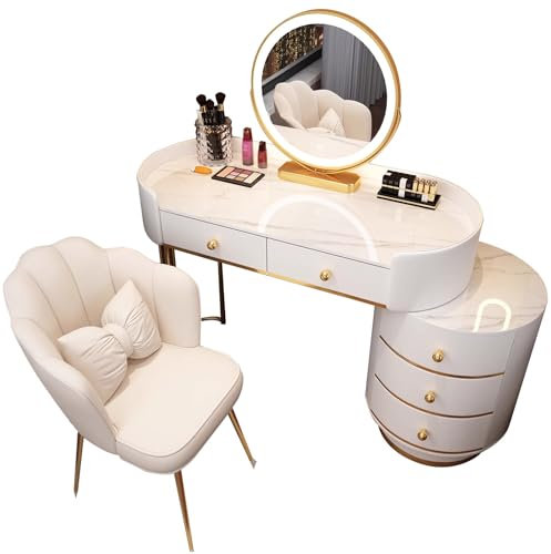 TAITUTE Schminktisch mit 3 LED Spiegel und Stühle,Kosmetiktisch mit Schubladen Massivholz für Schlafzimmer,Make Up Tisch Wohnzimmer,Frisierkommode Flexible Montage,Weiß
