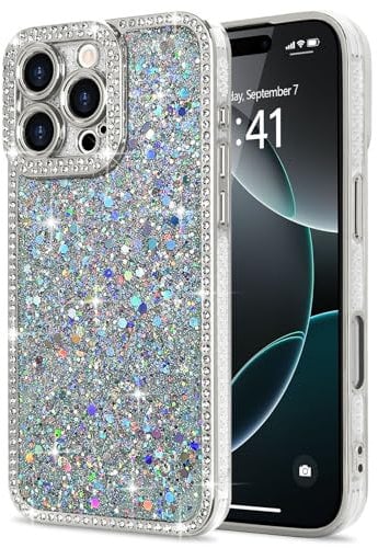 Lafunda for iPhone 16 Pro Case for Womens Girls, Luxury Bling Glitter Diamond Crystal Festival Shiny Case Camera Protection Shockproof Silicone TPU Phone Cover for iPhone 16 Pro 6.3, Silver