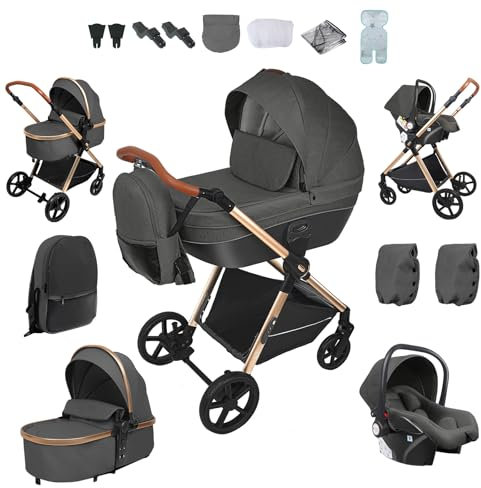 Prokoke Kinderwagen 4 in 1, Buggy mit Umkehrbarem Zwei-Wege-Schub, Kinderwagen Rahmen Aluminiumlegierung, Kombikinderwagen 4 in 1 Einem Klick Faltbar Baby Kleinkind Neugeborene (H2 Deep Grey)
