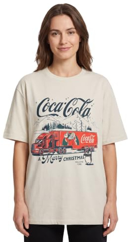 Coca-Cola Womens Beige Christmas Graphic Tee | Classic Holiday Theme Crew Neck T-Shirt | A Merry Christmas Plain Top for Women | Short Sleeve Festive Apparel for Casual Wear