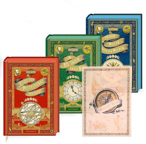 Jules Verne Buch-Set – 3 Große Schmuckausgaben: Reise zum Mittelpunkt der Erde, In 80 Tagen um die Welt & 20.000 Meilen unter den Meeren + Page Overlay - Klassiker in Hardcover Edition