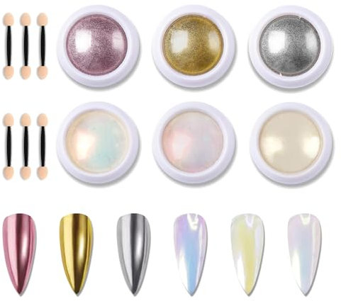 6 Colors Chrome Nail Powder Set - White Mermaid Pearl, Silver Rose Gold Mirror Effect - Iridescent Pigment - Glazed Donut Nail Art