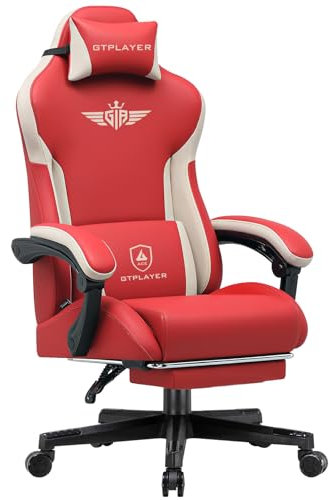 GTPLAYER Gaming Stuhl, Ergonomischer Gamer Stuhl aus Kunstleder mit Lendenwirbelstütze, PC-Stuhl mit verbreiterter Rückenlehne, Belastbar bis 150 kg, Rot