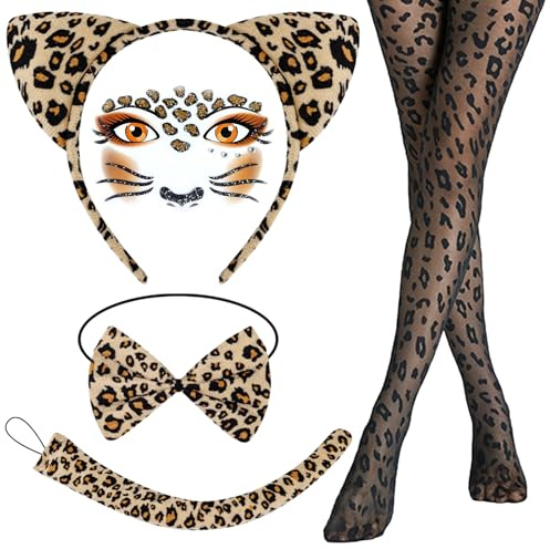 Leoparden Ohren, 5pcs Leoparden Kostüm Damen Leo Ohren Haarreif Leopard Tattoo Gesicht Leopardenohren Accessoire Tierohren Haarreif Kinder Cosplay für Karneval Halloween fasching Festival Mottoparty