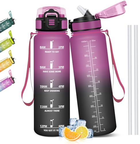 Mulbijeo Gourde 1l, Étanches, Gourde Avec Paille, Sans BPA & Réutilisable, Motivation Bouteille d'eau, Avec Marqueur de Temps, Bouteille Sport pour Gym, Ecole, Cyclisme, Plein air, Sport