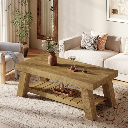 Tribesigns Couchtisch, 120 cm Rechteckiger Wohnzimmertisch, Landhaus-Couchtisch Holz mit V-förmigen Beinen für Zuhause Schlafzimmer, Einfach zu Montieren, Rustikal Braun