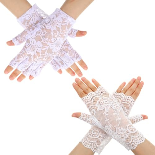 Classicseali 2 par spetshandskar vita, fingerlösa spetshandskar | Eleganta spetshandskar vita med blommönster för bröllop, avslutningsbaler, tefester, middagsbjudningar (vit)