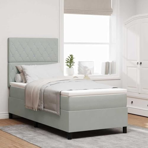 GeenYuu Boxspringbett mit Matratze Hellgrau 100 x 200 cm, Stoffbezug, verstellbares Kopfteil, Kiefer Massivholz Rahmen, Robustes Schlafzimmermöbel für 2 Personen