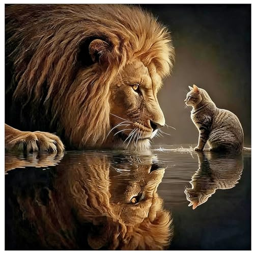 TDFERAN Square Diamond Painting Eckige Steine Löwe 40x40cm Diamant Painting Quadratische Steine Katze Löwen Tier Erwachsene Diamant Painting Bilder Katze Löwe Spiegelbild DIY Geschenke Home Wand Dekor