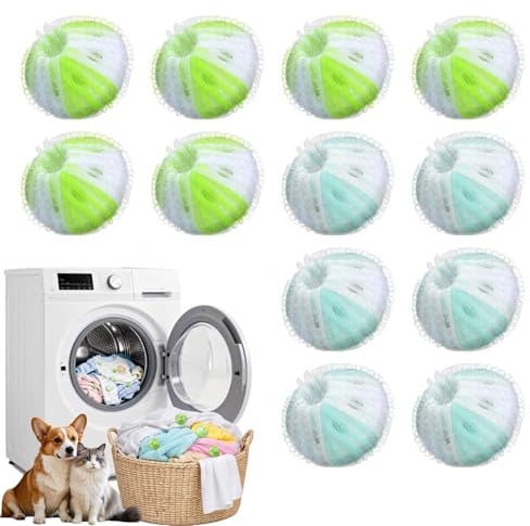 12 Stück Tierhaarentferner Waschmaschine, Tierhaarentferner Waschmaschine für effiziente Fusselbälle Entfernung, Haarfänger Waschmaschine mit in 6 Senfgrün+Weiß und 6 Hellblau+Weiß, Ideal für Tierha