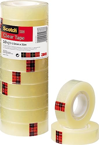 Scotch Nastro Adesivo 3M, Trasparente Acrilico, 15 mm x 33 m, Confezione Torretta da 10 Pezzi - Ottimo per l'uso a casa e in ufficio
