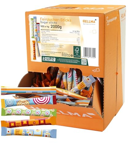 Hellma Feinzucker-Sticks 500 Stk. je 4 g weißer Zucker - 2 kg Vorrats-Box - Zuckertütchen einzeln, für Kaffee oder Tee