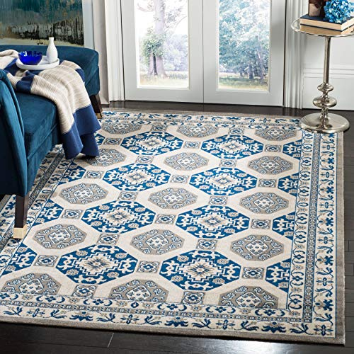 SAFAVIEH Traditionell Teppich für Wohnzimmer, Esszimmer, Schlafzimmer - Patina Collection, Kurzer Flor, Blau und Elfenbein, 91 X 152 cm