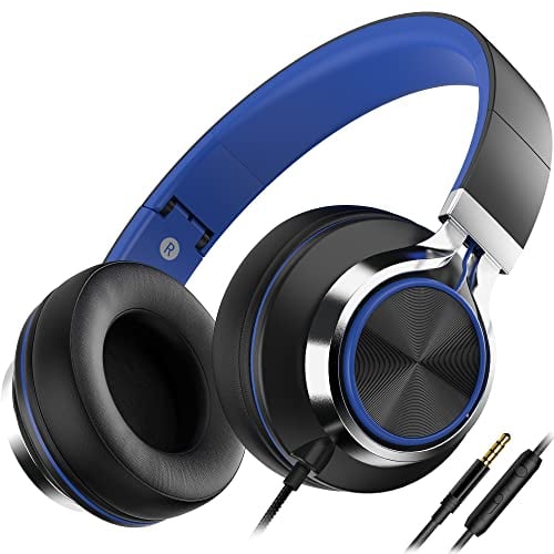 Ailihen C8 Headphones Wired with Microphone Foldable and Adjustable On-Ear Headsets Volume Control HD Stereo Sound 3.5mm Jack for Chromebook, Laptop, Smartphone, Study, Office, Travel (Black/Blue)