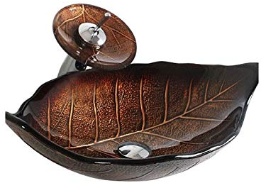 HomeLava Waschbecken Blatt Form Rund Glas Aufsatz Waschschale mit Wasserfall Wasserhahn Set