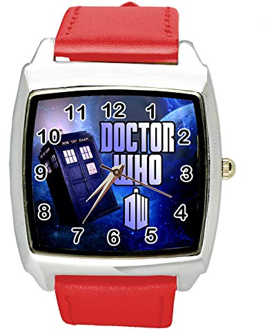 Taport® DR Who, Quarz-Uhr, quadratisch, SCI FI, E2, Leder, Rot, inklusive Ersatzakku und Geschenkbeutel