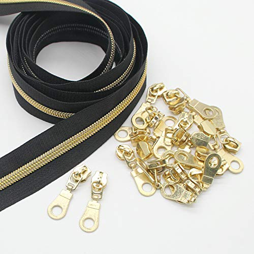# 5 Antik Gold Metallic Nylon Spule Reißverschlüsse von der Werft Masse 10 Yards schwarzes Klebeband mit 25 Stück Gold Schieberegler für DIY Nähen Schneider Handwerk Tasche Leekayer (schwarz)
