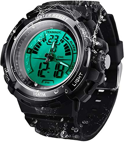 TEKMAGIC Tauchuhr 100 m wasserdicht Taucheruhr Stoppuhr wasserdicht mit Alarm, unterstützt Dual-Zeitzonen, analoge und digitale Bewegungen, 12/24-Stunden-Format