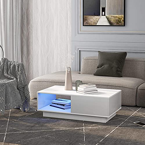 KecDuey Couchtisch, moderner Hochglanz-Sofatisch,rechteckiger weißer Wohnzimmertisch mit LED-Licht, 15 Farben für Teetisch, Haushaltsdekoration (99 x 55 x 32 cm) (Weiß#)