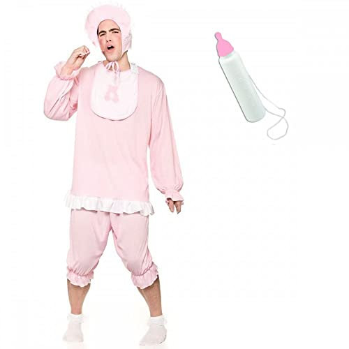A2ZFD Adult Unisex Cute Baby Girl Pink Costume + Jumbo Milk Bottle : Novelty Stag Hen Fancy Dress (XL up to 48'' Chest)