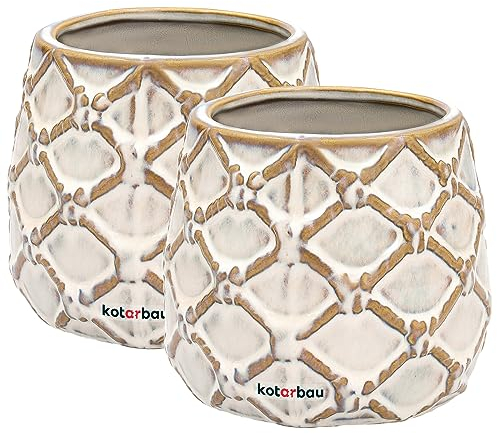 KOTARBAU® 2 x Maceta de cerámica esmaltada, Ø 9 cm, Tiesto Decorativo para Flores y Plantas, Macetero Redondo para Interiores, Minimalista, Blanco, Beige, Forma y diseño de una piña, Original, 2 UDS