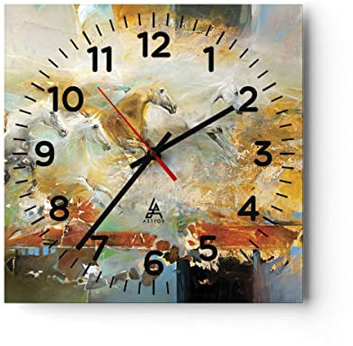 Modern Wanduhr Pferde Galopp Modern 40x40cm Quadrat Groß Wand Uhr Glas Analog Zimmeruhren Küche Büro Wohnzimmer Glasuhr Wall Clock Dekoration Design Wanddekoration Küchenuhr C4AC40x40-4506