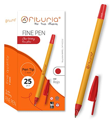 Bolígrafos de Punta Fina, Color Rojo, Caja de 25 Unidades, Punta 1mm Precisión y Detalle, Ideal para Diferentes Entornos como la Oficina, el Hogar y la Escuela (Caja 25 uds. Rojo)