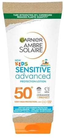 Garnier Ambre Solaire SPF 50+ Sensitive Advanced Kids Sun Cream, High Protection Against UVA & UVB, Non-Sticky Water-Resistant Sunscreen, for Face & Body, Approved by Cruelty Free International, 175ml