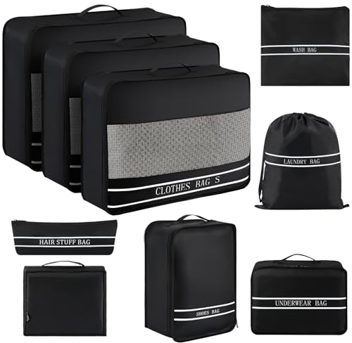 Ougrand 9 Set Packwürfel Gepäckverpackung Organizer für Reisezubehör, platzsparende Reisetaschen für Handgepäck, leichter Netz-Reißverschluss, Kleidung, Wäsche- und Schuhbeutel, Koffer (schwarz)