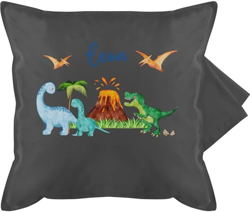 Kissenbezug - Kissen - Geschenk Dinosaurier personalisiert mit Name I Dino I Dinos - 50 x 50 cm - Grau - namenskissen Junge Dinosaur Pillow Tier trex kissenhülle polsterüberzug Tieren Kita