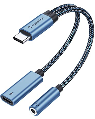 SOOMFON 2-in-1 USB C auf Klinke Adapter und Laden, Typ C 3,5mm Aux Kopfhörer Adapter mit DAC-Chip, PD 60W Schnellladung, für iPhone 15/15 Pro Max, Samsung S24/S23/S22, Huawei, Pixel usw. (Blau)