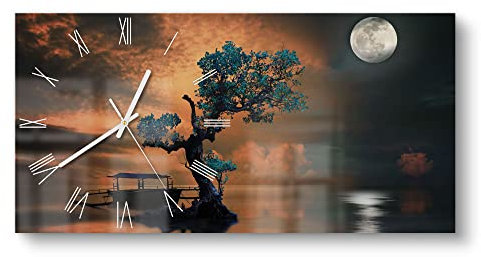 DEQORI Glasuhr | vertikal 60x30 cm | Motiv Einsamer Baum und Mond | große XXL Design Uhr aus Glas | leise Wanduhr für Wohnzimmer & Küche | moderne Hingucker Uhr für die Wand
