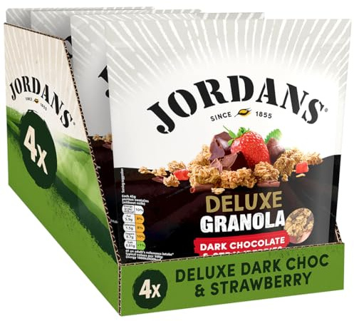 JORDANS Granola Deluxe Dark Chocolate and Strawberries | Breakfast Cereal | High Fibre | 4 Packs of 500g